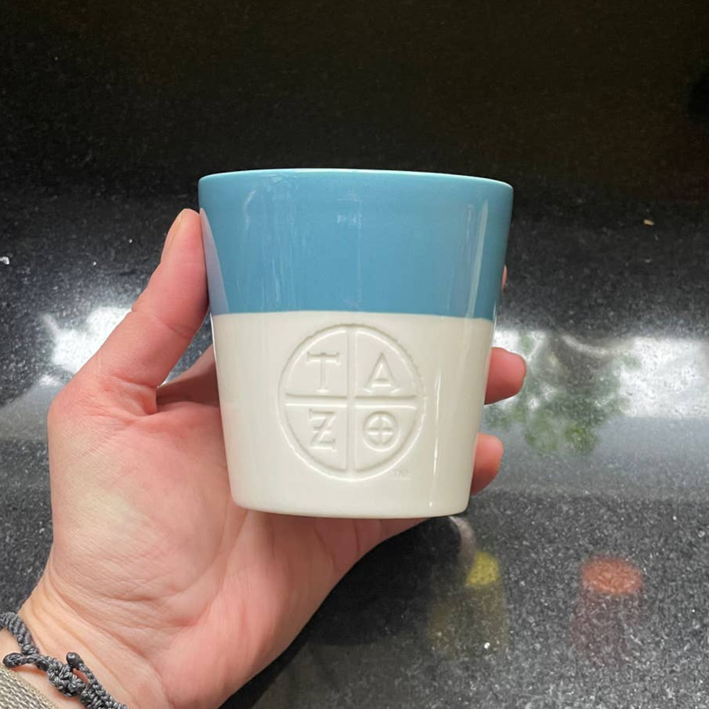 Starbucks Tazo Tea Turquoise Blue & White Slant Top Tea Mug